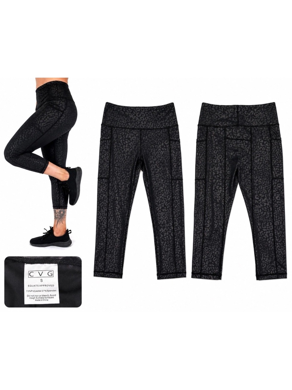 CVG Black Leopard Print Capri Leggings Small High Rise Pockets Squat Approved